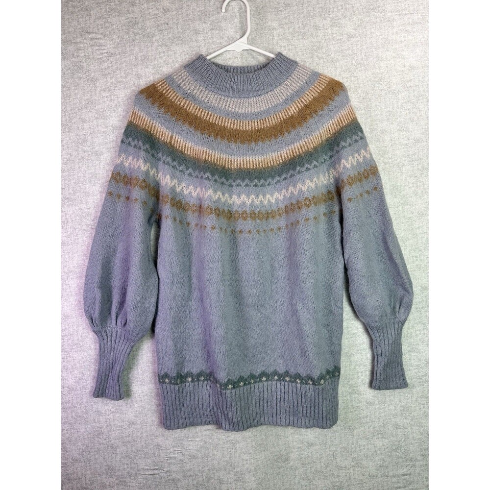 J. Crew Fair Isle Yoke Puff Sleeve Sweater in Dusty Sky Size XS Après-Ski Granny